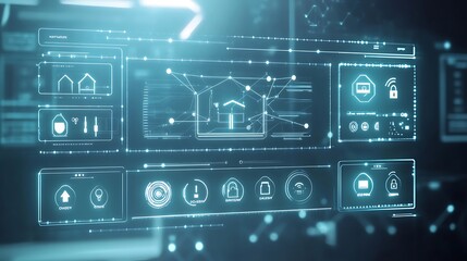 Obraz premium Abstract futuristic digital interface with home automation icons on a blue background.