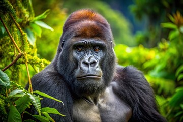 Naklejka premium Majestic Big Back Gorilla in Natural Habitat Captured in Stunning Detail Amongst Lush Greenery