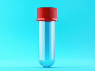 A single test tube filled with blue liquid and capped with a red top, placed against a bright blue background.