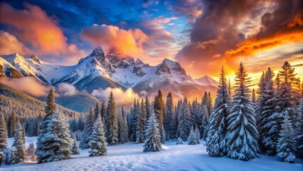 Obraz premium Majestic Blizzard Blanketing Serene Mountain Landscape with Snow-Covered Peaks and Pine Trees
