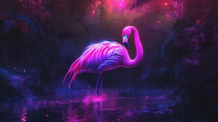 Pink Flamingo in a Tropical Night