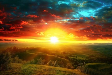 Fototapeta premium a vibrant sunrise illuminating a peaceful landscape for International Day of Light