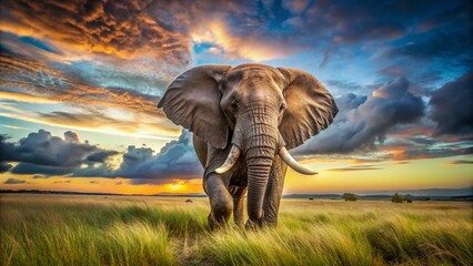 Obraz premium Majestic Bull Elephant Charging Through the Savanna with Power and Grace Against a Vibrant Sky