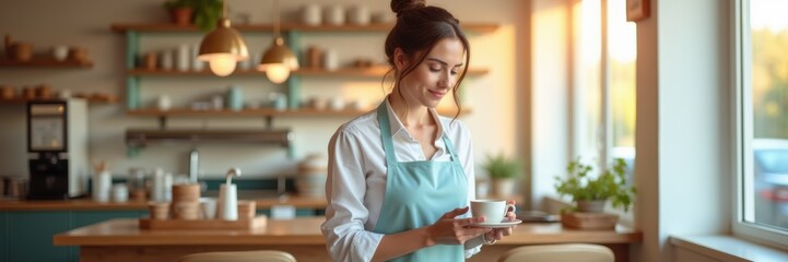 A barista in an inviting café setting enjoys a moment of reflection while holding a coffee cup, embodying warmth and passion for her craft.