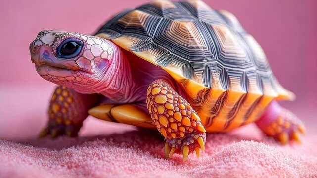 Radiated tortoise gracefully walking across vibrant pink sand