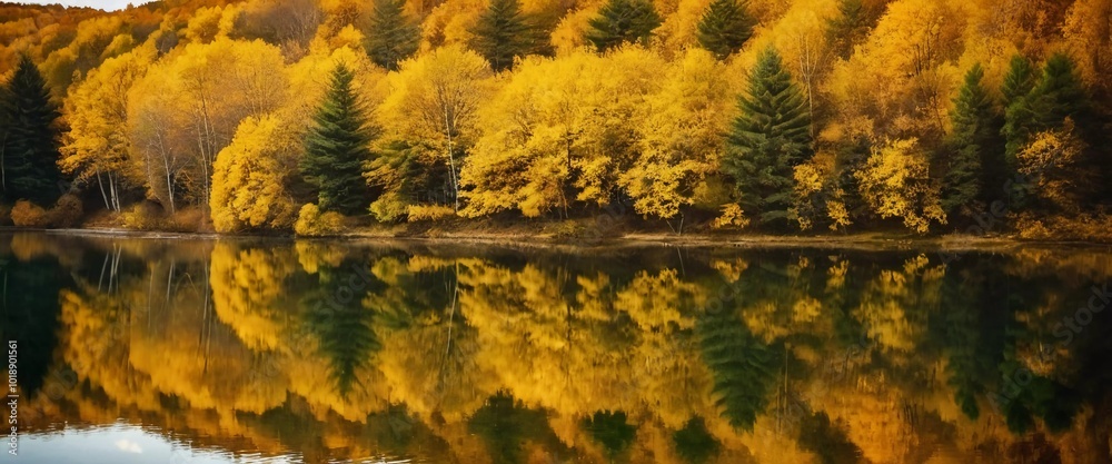 Wall mural Vibrant yellow leaves create a stunning autumn display around a calm lake, with reflections mirroring the foliage on the water's surface as the day comes to a close. Generative AI