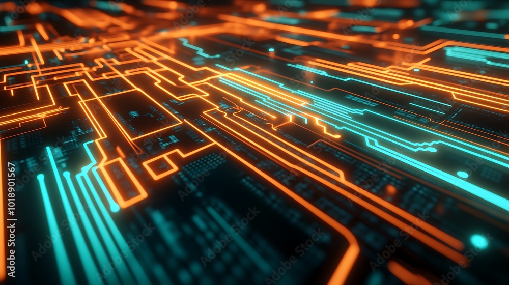 Poster abstract futuristic digital circuit board with glowing neon lights.