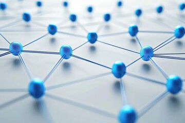 A network connected blue nodes on a white backdrop, symbolizing digital communication.