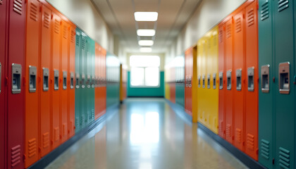 Colorful row of school lockers in a bright hallway with natural light streaming in