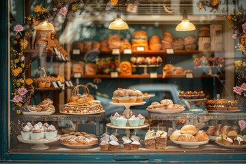 Fototapeta premium a vintage bakery shop window decorated for World Baking Day