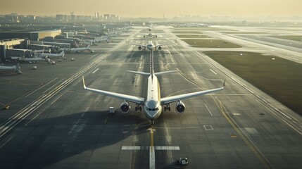 Airplane on Taxiway at Sunrise in Busy Airport