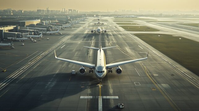 Airplane on Taxiway at Sunrise in Busy Airport