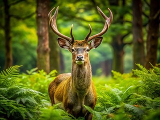 Obraz premium Majestic Deer Stands Gracefully in Lush Green Forest Surrounded by Vibrant Nature and Wildlife