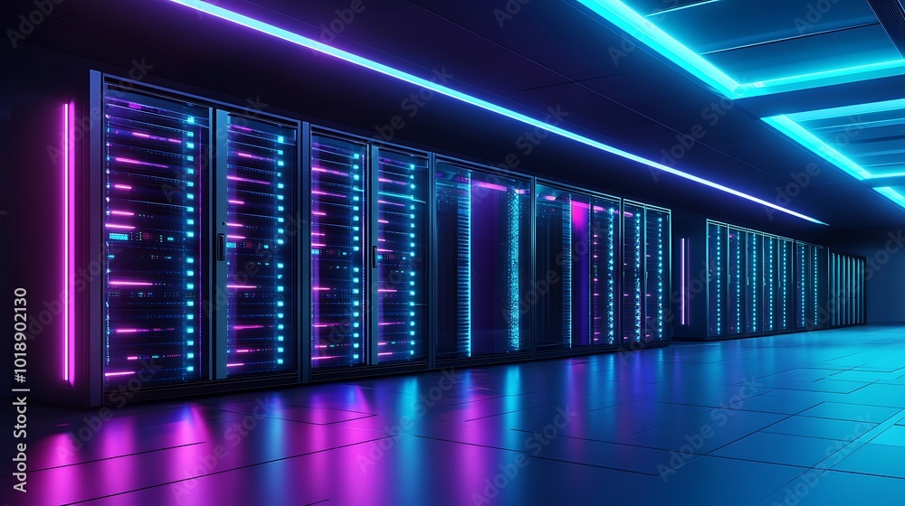 Leinwandbilder a row of server racks illuminated by colorful neon lights in a futuristic data center.