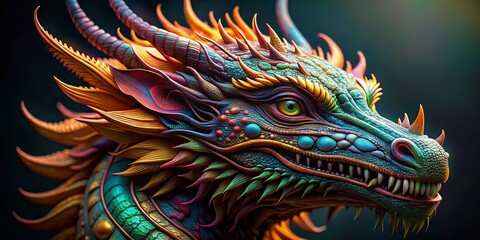 Fototapeta premium Majestic Dragon Head Sculpture with Intricate Details and Vibrant Colors Against Dark Background