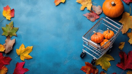 Fototapeta premium Autumn shopping scene with cart leaves and pumpkin on blue surface