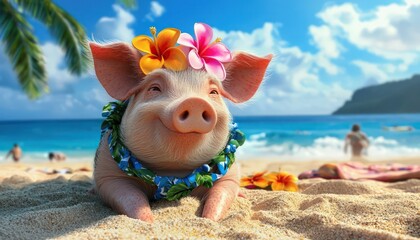 A pig in Hawaiian attire enjoys a beach day, combining humor with vacation vibes.