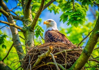 Majestic Eagle Nest High in a Tree with Twigs and Leaves, Nestled Amongst the Green Foliage