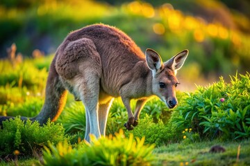 Obraz premium Majestic Eastern Gray Kangaroo Grazing in Natural Habitat Under Clear Blue Sky in Australia