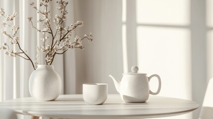 White Tea Set with Flowers on Table