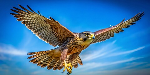 Obraz premium Majestic Falcon in Flight Captured During Traditional Falconry Display Against a Clear Blue Sky