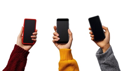 Hands Holding Three Smartphones in an Isolated Collection on White Generative AI
