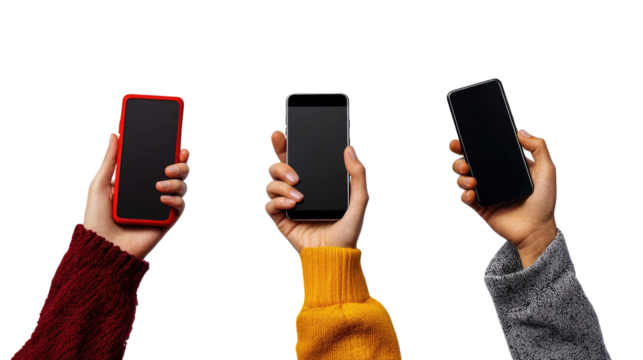 Hands Holding Three Smartphones in an Isolated Collection on White Generative AI