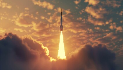 Rocket takes off on the horizon, a close-up, hyper-realistic photograph. Successful launch business lifting off