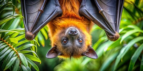 Obraz premium Majestic Giant Golden Crowned Flying Fox Hanging Upside Down in Lush Tropical Forest Canopy