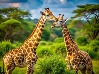 Obraz premium Majestic Giraffes Engaging in Natural Mating Behavior in Their African Habitat Under Clear Blue Sky