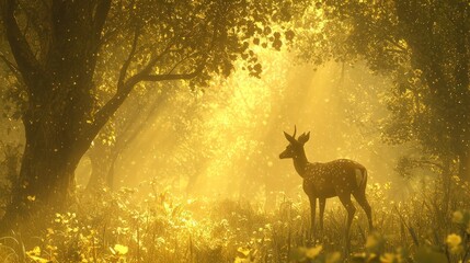 A serene deer in a misty forest bathed in golden light, illustrating peace and nature.