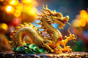 Fototapeta premium Majestic Gold Chinese Dragon Figurine Symbolizing Power, Strength, and Good Fortune in Culture
