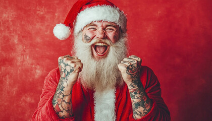 Tattooed santa claus shouting with enthusiasm and raising fists