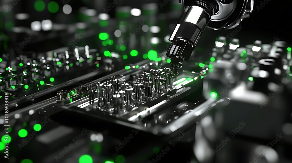Aufkleber a robotic arm with a shiny metallic finish is seen carefully working on a circuit board with green l