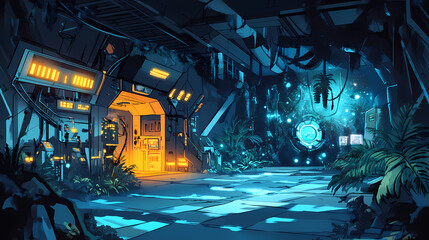 Underground eco-lab, with advanced technology and glowing bioluminescent plants creating an otherworldly environment. Glowing Bioluminescence. Illustration