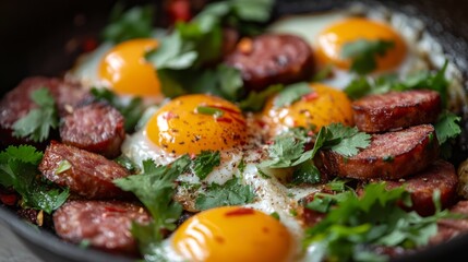 Fresh Breakfast with Eggs and Sausage in a Skillet