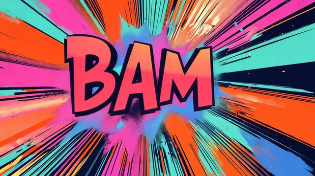 Colorful explosion appearing behind comic book  bam wording