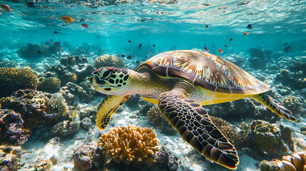 Obraz premium Underwater shot of a hawksbill turtle among beautiful coral reef and tropical fish. Coral Reef Lagoon. Illustration