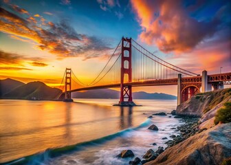 Majestic Golden Gate Bridge at Sunset with Vibrant Sky and Calm Waters in San Francisco Bay Area