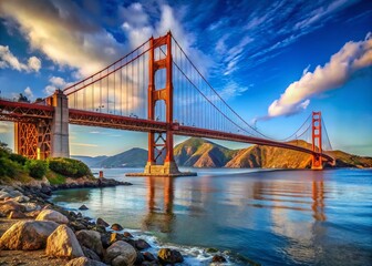 Fototapeta premium Majestic Golden Gate Bridge Framed by Vibrant Blue Sky and Calm Water Under Bright Sunshine