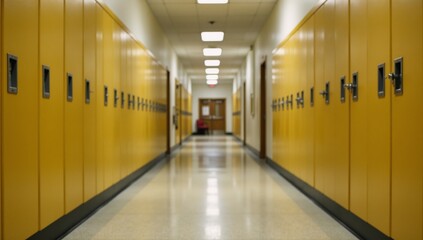 Empty high school hallway showcasing bright white ceilings  wood-floored corridors lined with yellow lockers