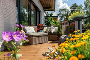 A patio with a wooden deck and a wooden fence, generative ai image