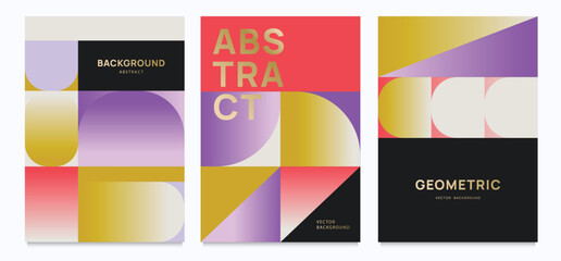 Fototapeta premium Set of abstract geometric vector backgrounds with bold color gradients and shapes. Modern poster designs with gold text on a black background. Design for banners, posters, and postcards.