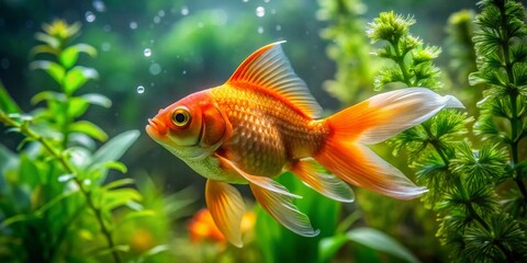 Majestic Goldfish Swimming Gracefully in a Crystal Clear Aquarium with Lush Green Plants Surrounding