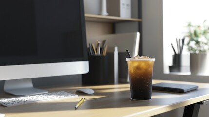 A glass of iced coffee on a desk with a computer monitor, keyboard, and mouse, next to a pen, a notebook, and a plant.