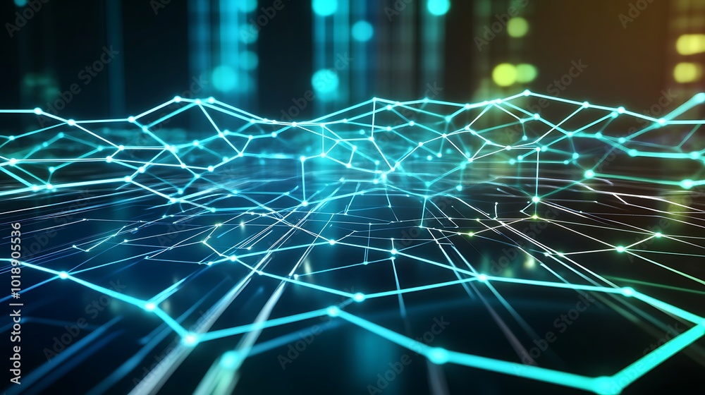 Poster Abstract digital network with glowing lines and nodes.