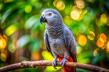 Obraz premium Majestic grey parrot perched on a branch, showcasing vibrant feathers and intelligent gaze in nature