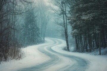 A snow-draped road winds through a quiet forest, capturing the tranquility a winter landscape.