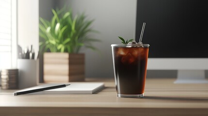 A glass of iced coffee with a straw and a sprig of mint on a wooden desk in a home office.