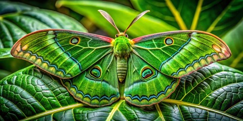 Majestic Huge Green Moth Resting on Leaf with Intricate Patterns and Textures in Natural Habitat